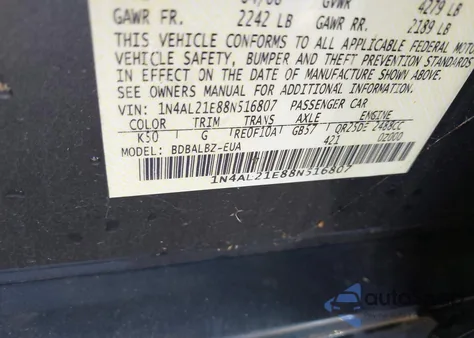 2008 Nissan Altima 2.5 S z USA, uszkodzony, nr VIN 1N4AL21E88N516807